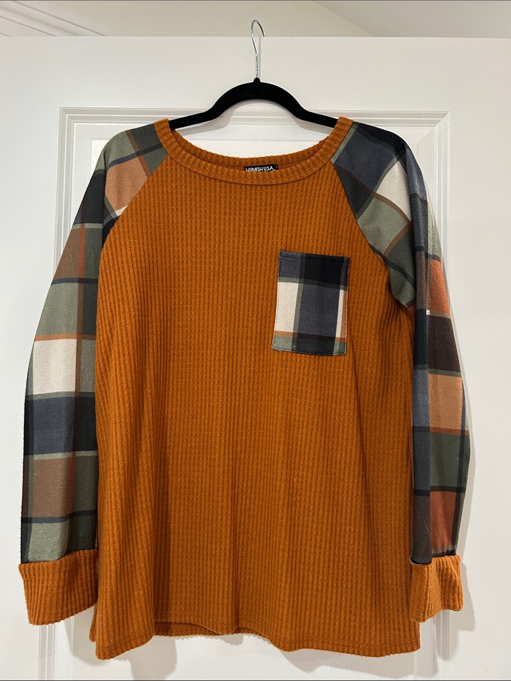 HEIMISH USA Rust Orange Waffle-Knit Crewneck with Plaid Raglan Sleeves